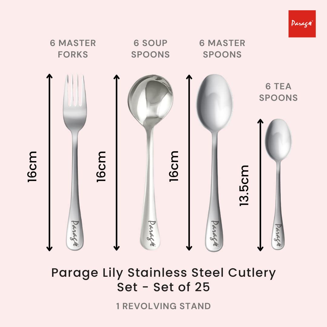 Parage 24 Pieces Lily Cutlery Set Stainless Steel with Stand (Contains 6 Dinner Spoons, 6 Tea Spoon, 6 Dinner Fork, 6 Soup Spoons, 1 Stand) Spoon Set for Dining Table Stylish, Mirror Polished - Image 4