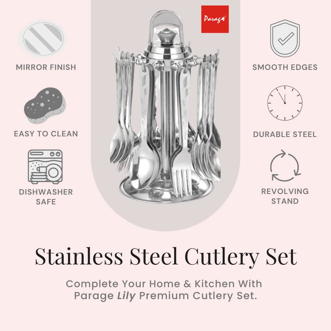 Parage 24 Pieces Lily Cutlery Set Stainless Steel with Stand (Contains 6 Dinner Spoons, 6 Tea Spoon, 6 Dinner Fork, 6 Soup Spoons, 1 Stand) Spoon Set for Dining Table Stylish, Mirror Polished - Image 3