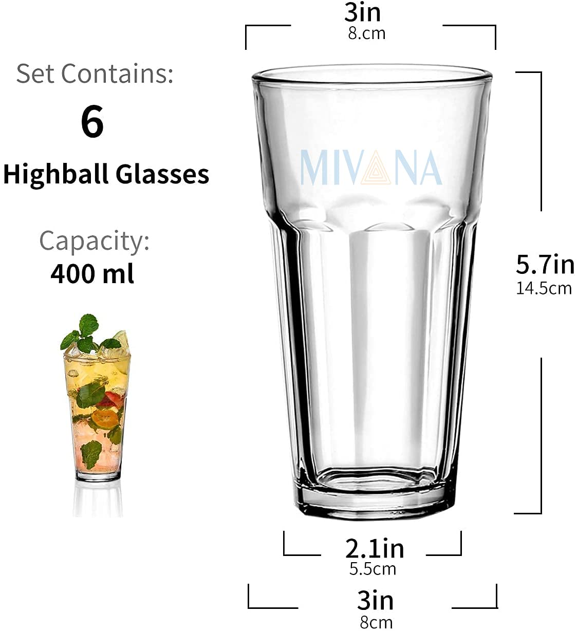 400 ML Water Glass Tumbler Highball Glasses Clear Iced Tea and Glasses for Drinking Cocktail, Juice, Milkshake, Coke,Soda, Dishwasher Safe Pack of (6) - Image 2