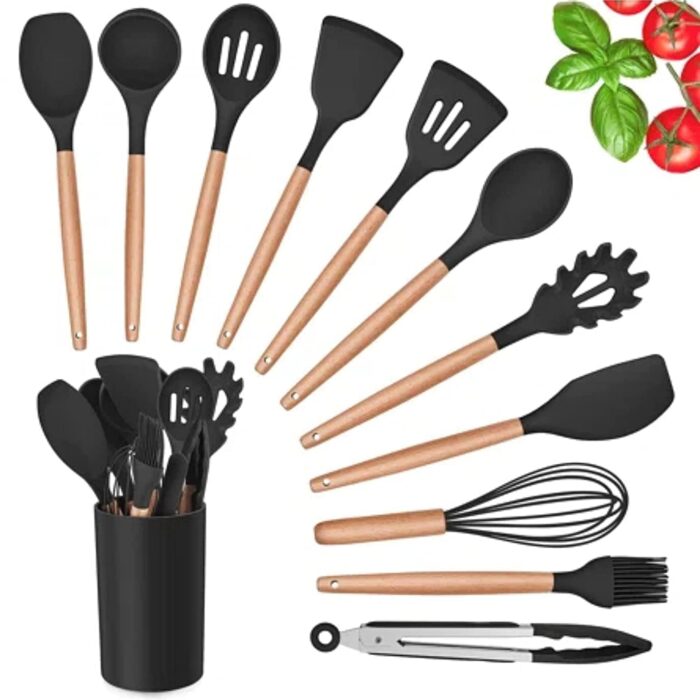 XQE Silicone Kitchen Spatula and Utensils Spoon Set Cooking Baking Set 12 Pcs with Wooden Handle-BPA Free, Flexible Non Toxic Silicon Cookware Tools Kitchen Cooking Utensils Set, Non-Stick Utensils
