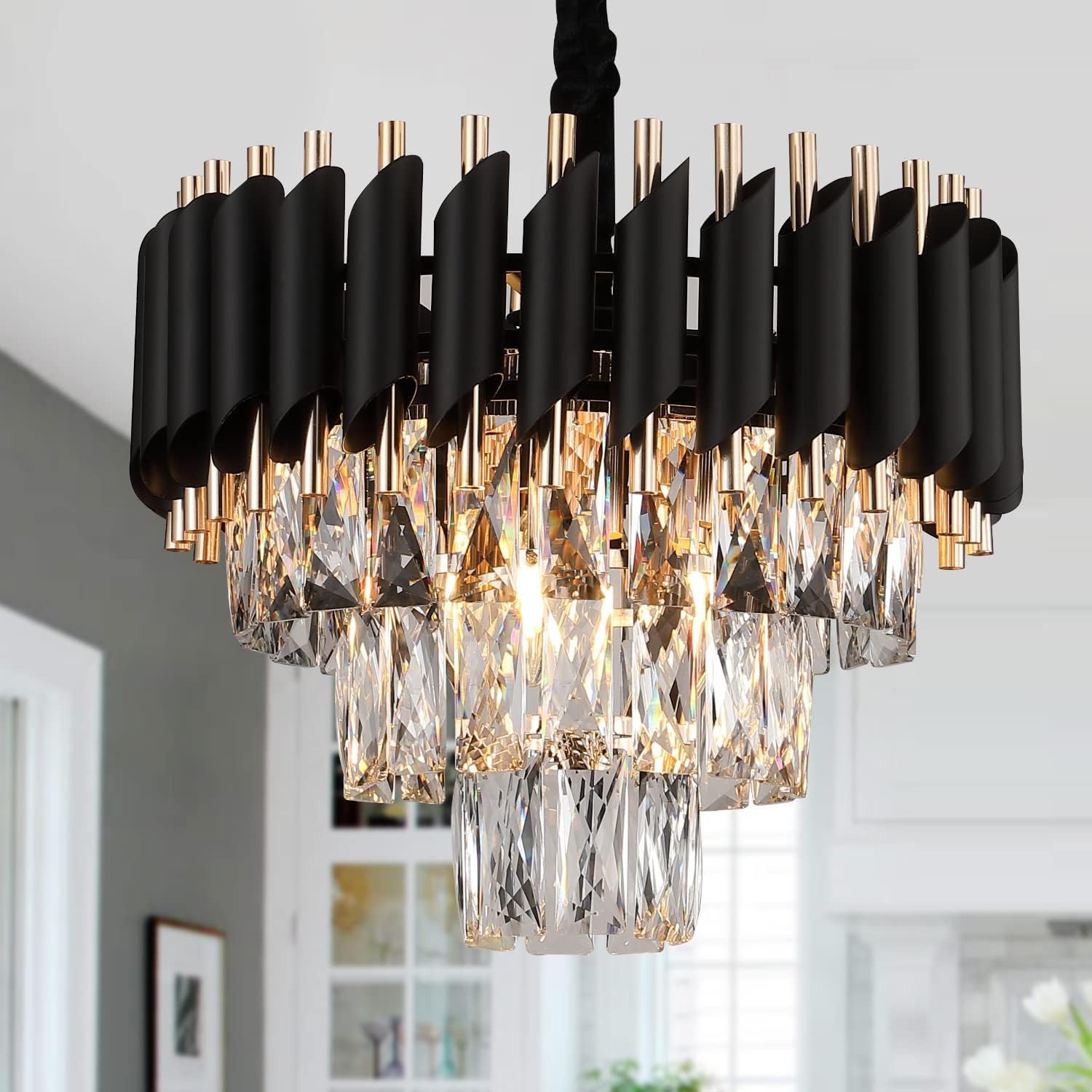 Desidiya Black Mamba Modern Crystal Pendant Light 3 Tiers Black and Gold Fixtures 16” Round, Stainless Steel Tube Crystal Golden Finish Exqusite Design Pendant for Home and Office (400MM)