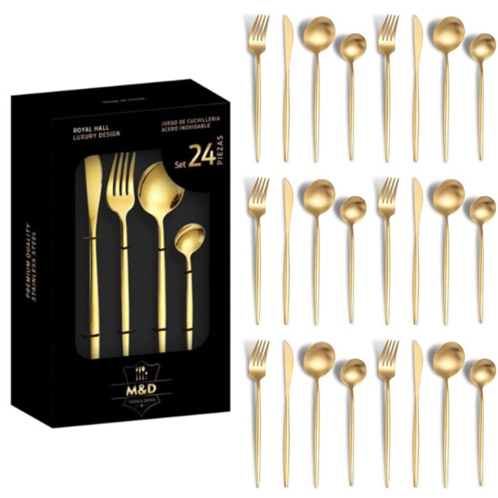 Aurum Gold Silverware Set | Satin Finish French Style 24-Piece Stainless Steel Flatware Set with Giftable Box | Dishwasher Safe Tableware for Home, Restaurant & Corporate Gifting