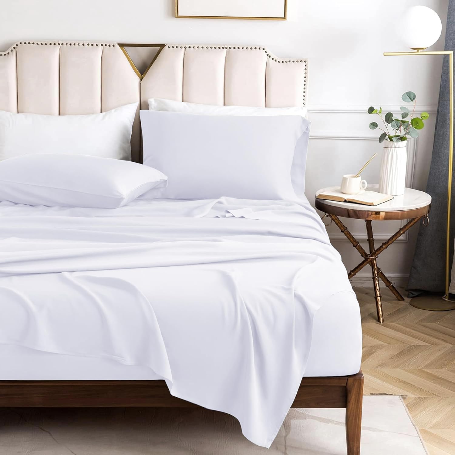 100% Pure Cotton Sateen Bedsheet Set - 300TC with Pillow Cover Pack of 2 (43x69CM) | Soft, Silky & Breathable Luxury Bed Linen | Flat or Fitted Bedsheet (White, Flat-King 275x275CM)