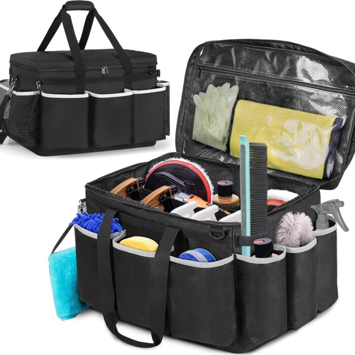 Nylon Extra-Large Cleaning Caddy, High Capacity Cleaning Supplies Organizer for Housekeeping & Home Work, Car Detailing Tools Tote Bag with Shoulder Strap, Trunk Organizer Black