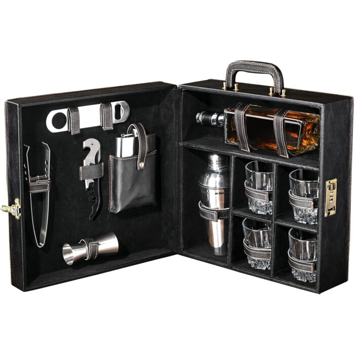 Kuber Industries Bar Set | Faux Leather Portable Bartender Kit | Cocktail Shaker Set | 4 Imported Glasses | Bar Tool Set | Barset for Picnic | Gifting for Men | Barware Set for Party | Black